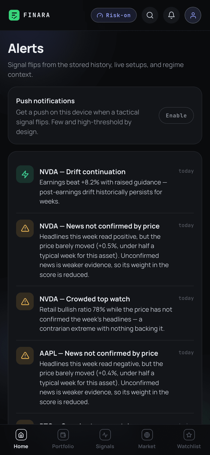 The Finara alerts screen on a phone